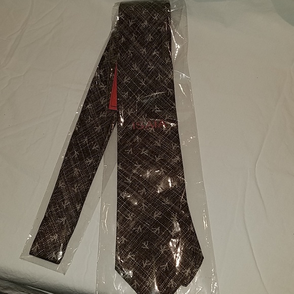 ISAIA Napoli 7 Fold Logo Tie Brown Grey Weeve - Picture 6 of 6